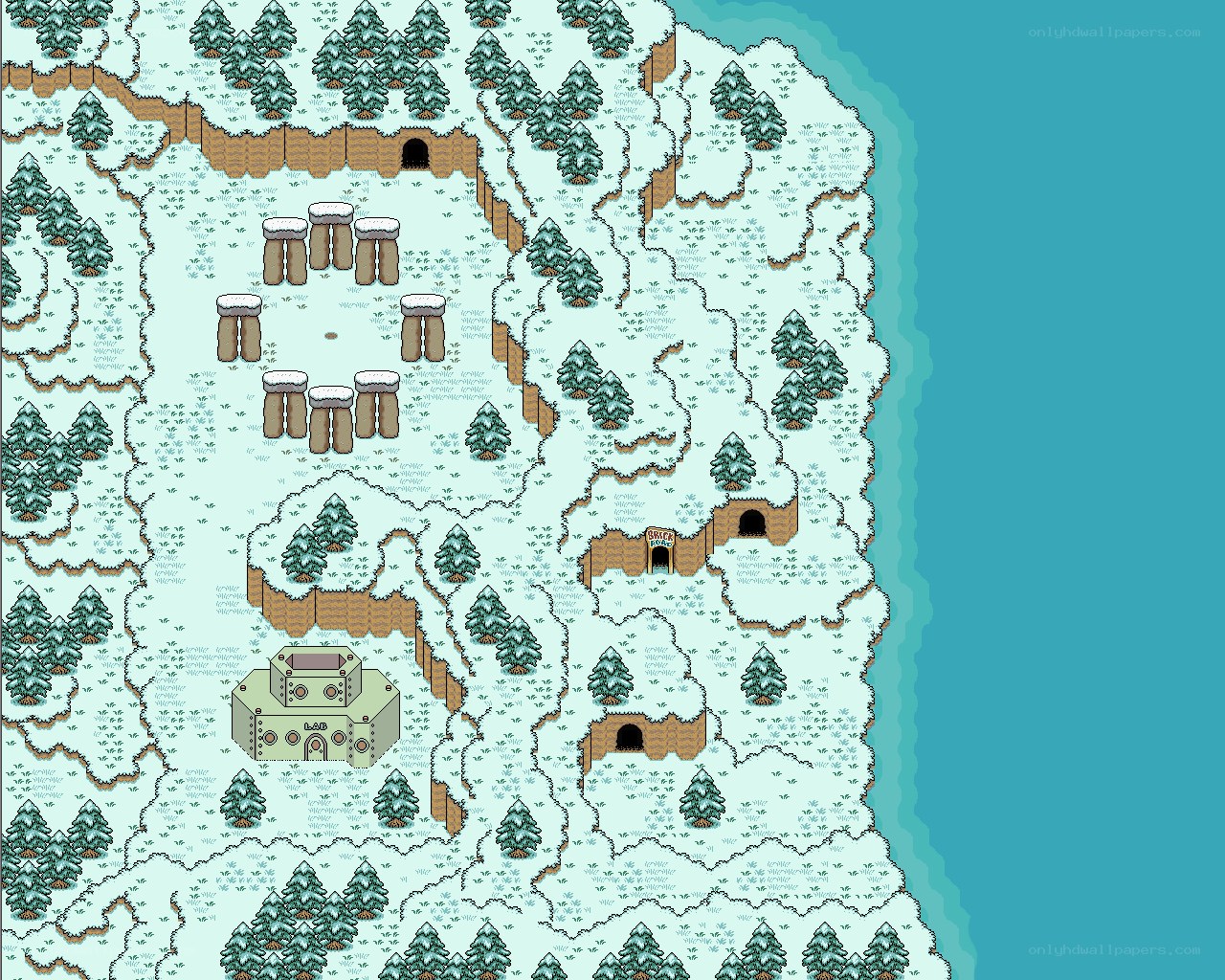 snowy island with stone circles