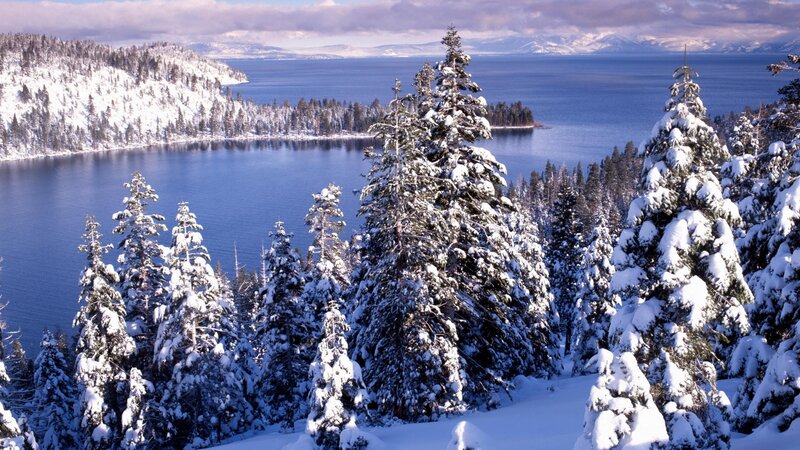 Snowy lake and forest landscape