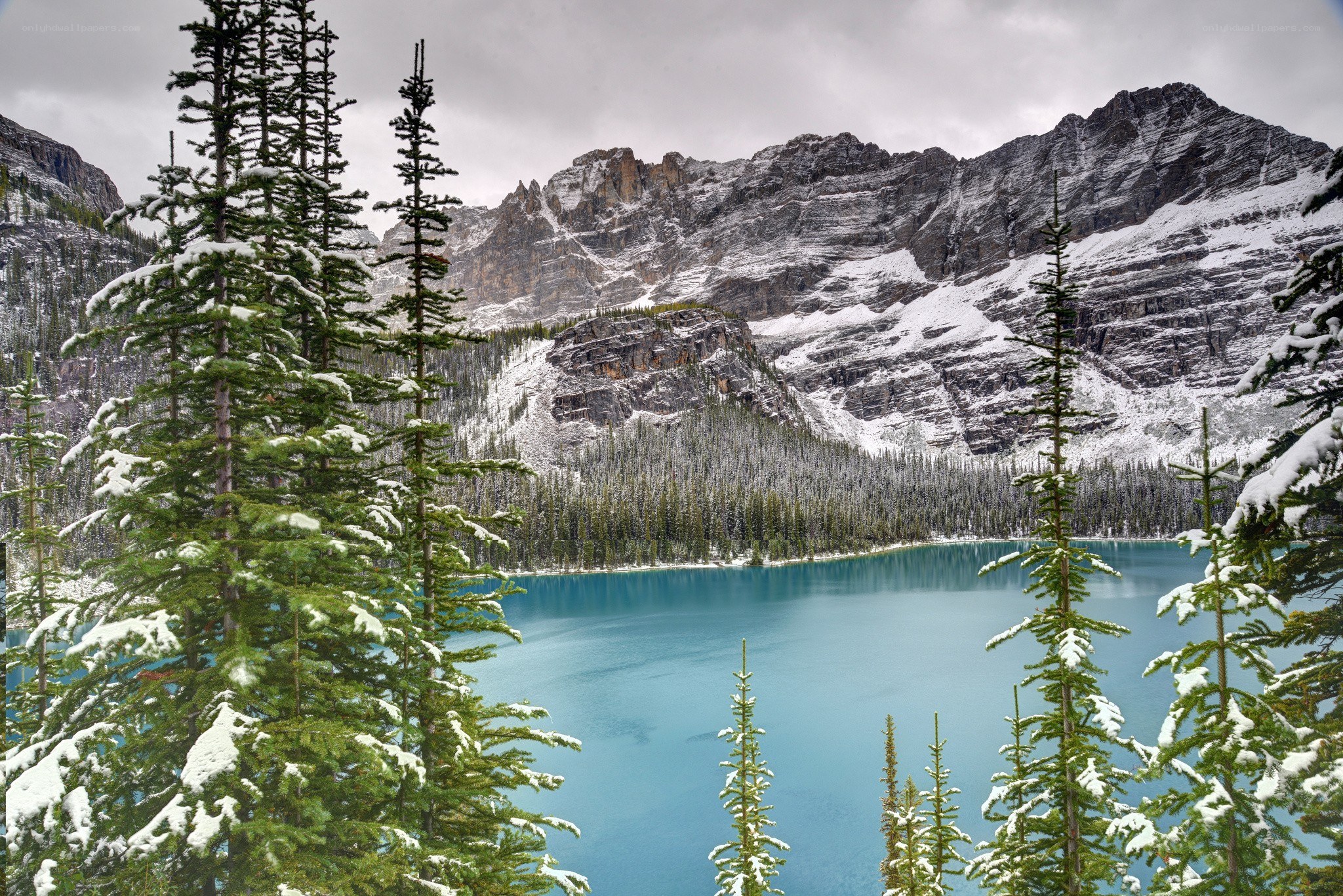 Snowy lake and mountains
