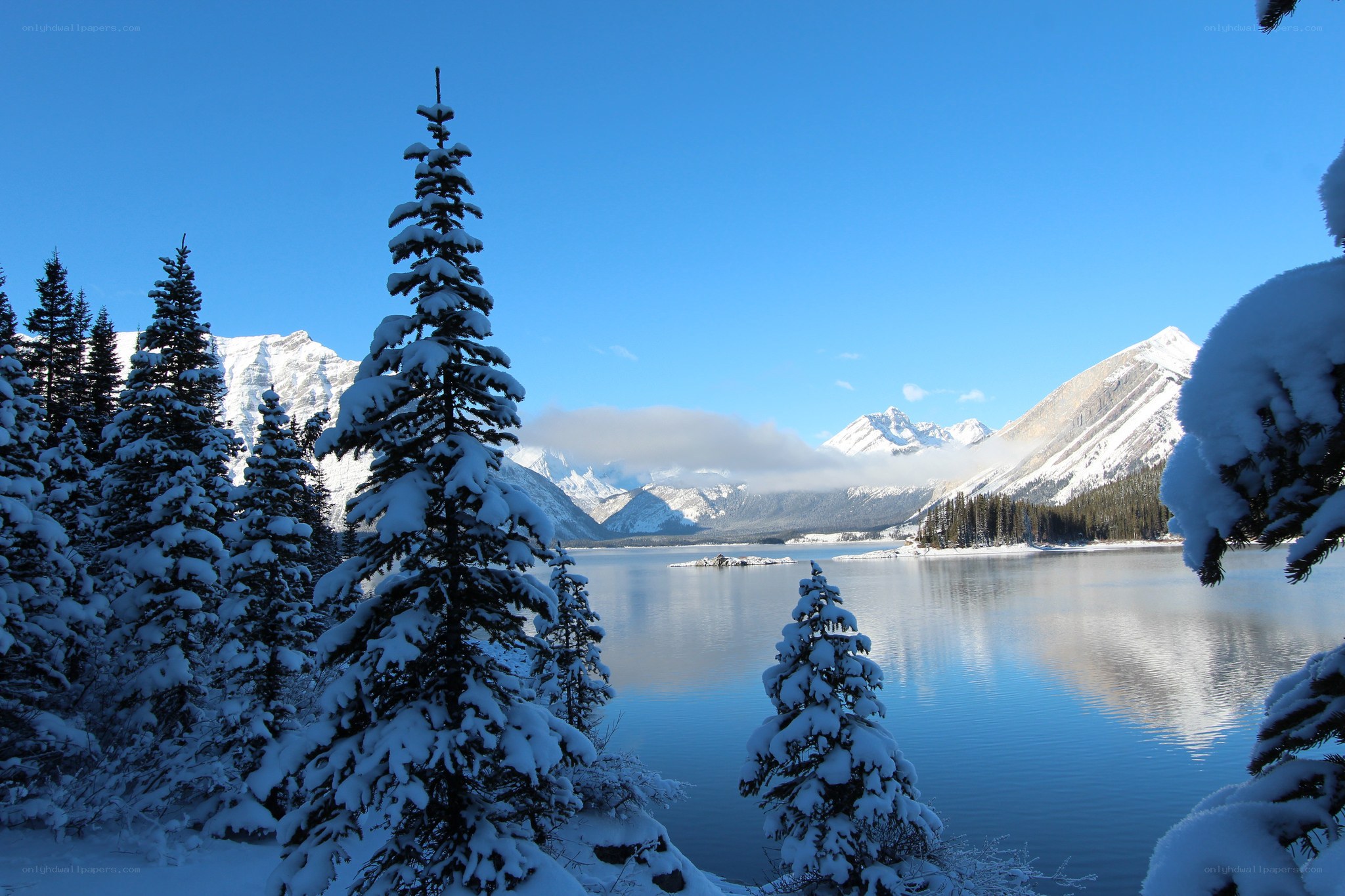 Snowy lake and mountains