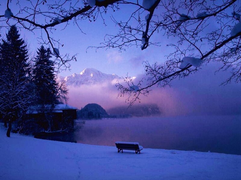 Snowy lake at dawn
