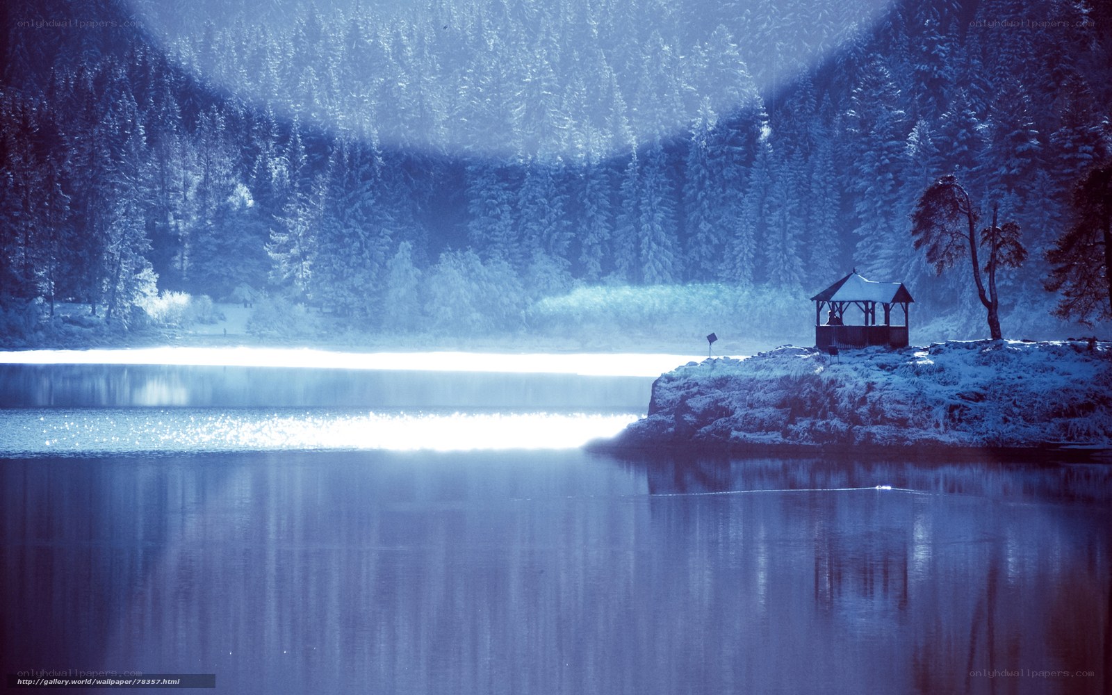 Snowy lake at dawn