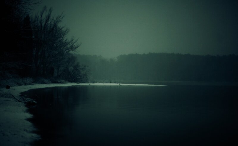 snowy lake at dusk