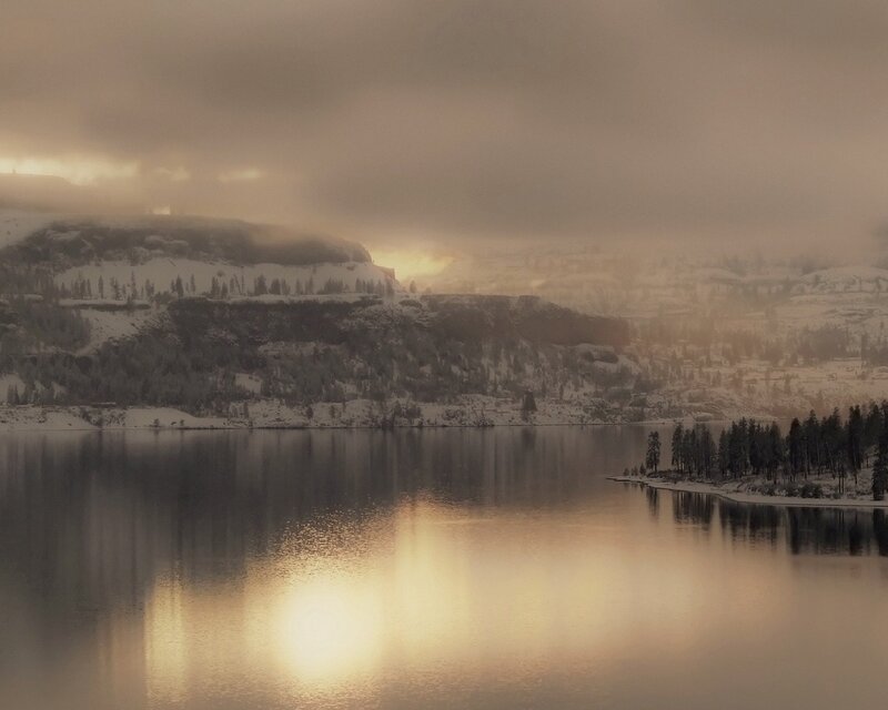 Snowy lake at sunrise