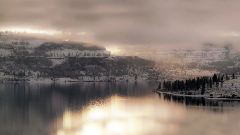 snowy lake at sunrise