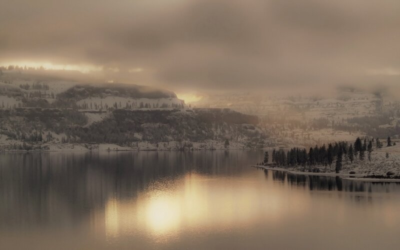 Snowy lake at sunrise