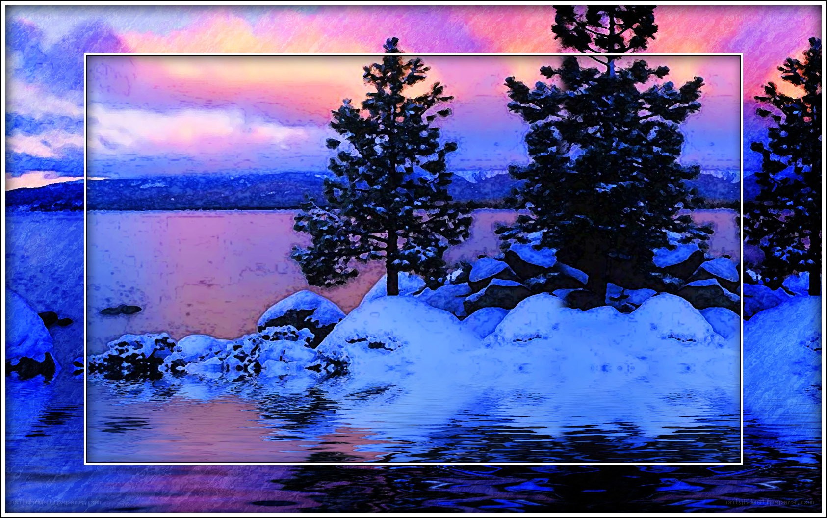 Snowy lake at sunset