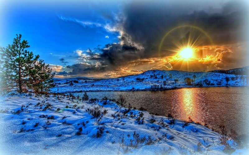 Snowy Lake at Sunset — Blue, Dramatic