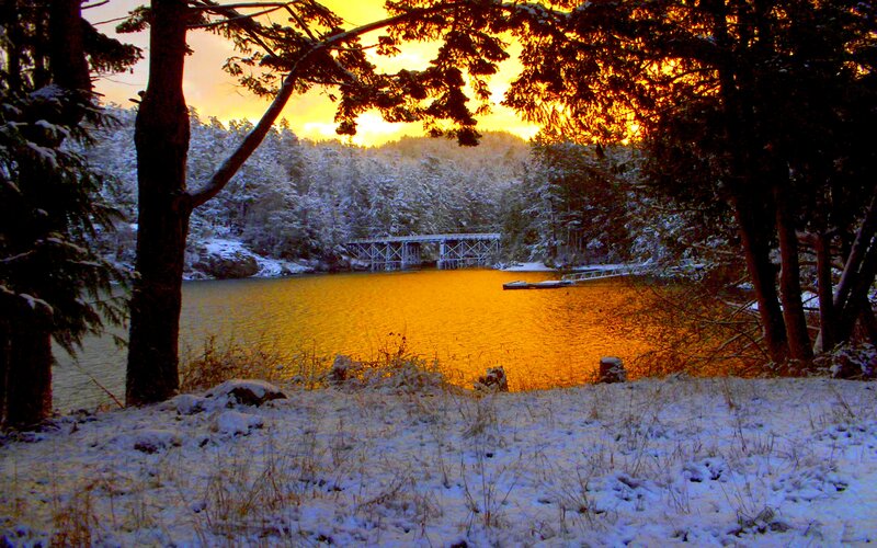 Snowy Lake at Sunset — Gold