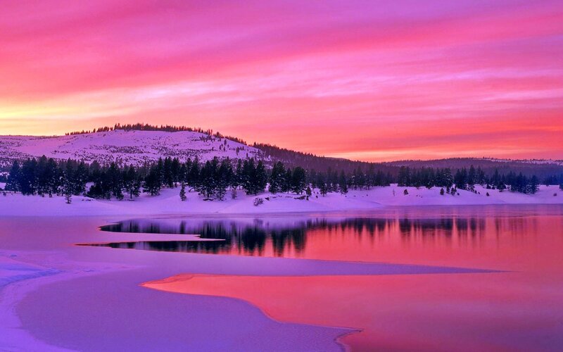 Snowy Lake at Sunset — Pink