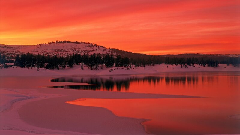 Snowy Lake at Sunset — Red, Dramatic, Photograph