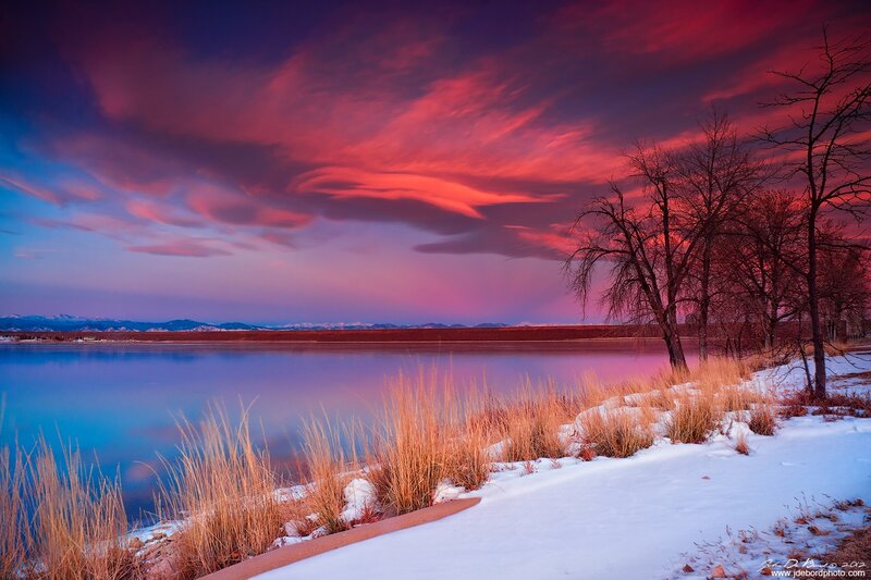 Snowy Lake at Sunset — Red, Dramatic