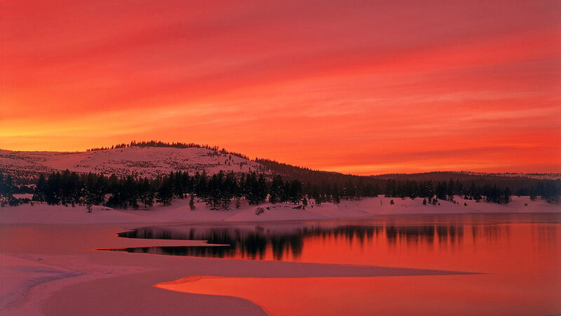 Snowy Lake at Sunset — Red