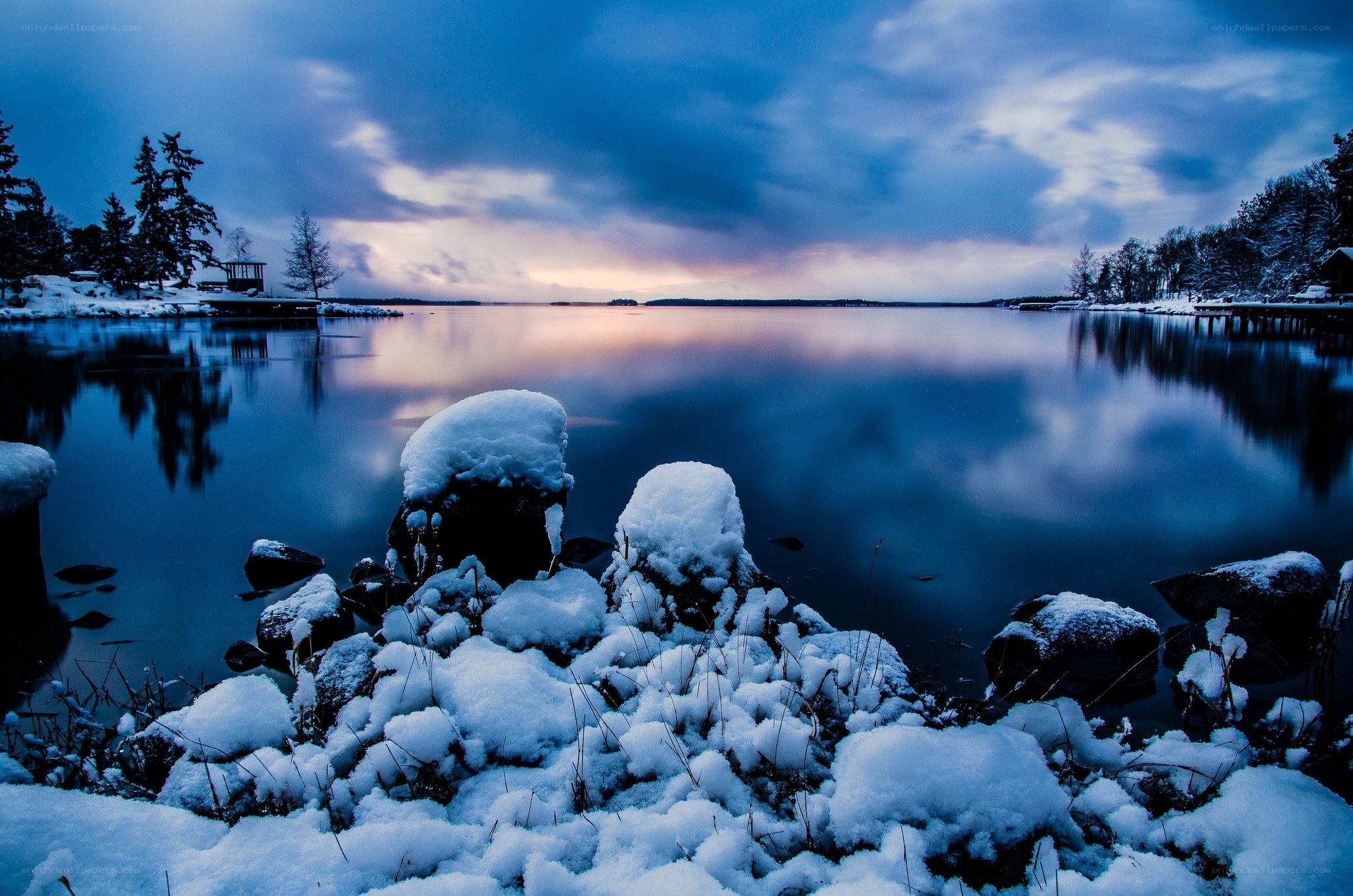 Snowy lake at twilight