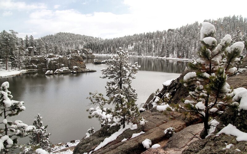 Snowy lake in forest