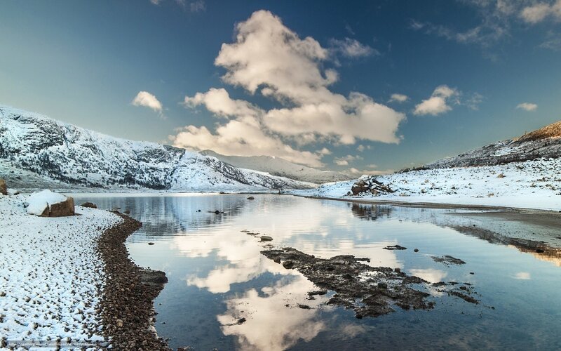 Snowy lake in mountain valley