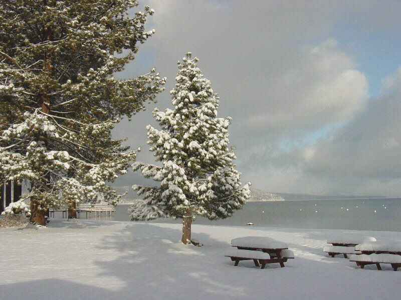 Snowy lake shore with picnic tables