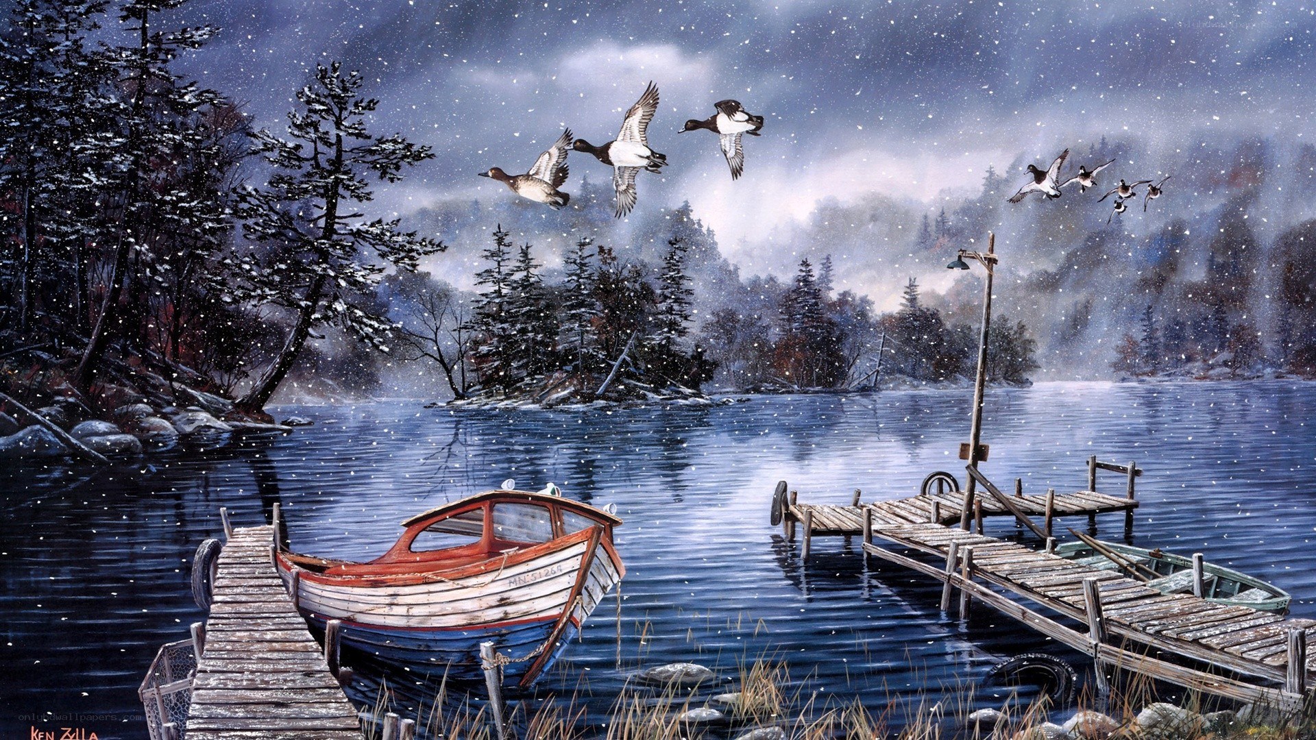 Snowy Lake with Flying Ducks
