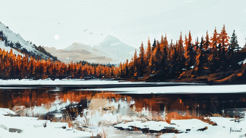 Snowy Lake with Forest