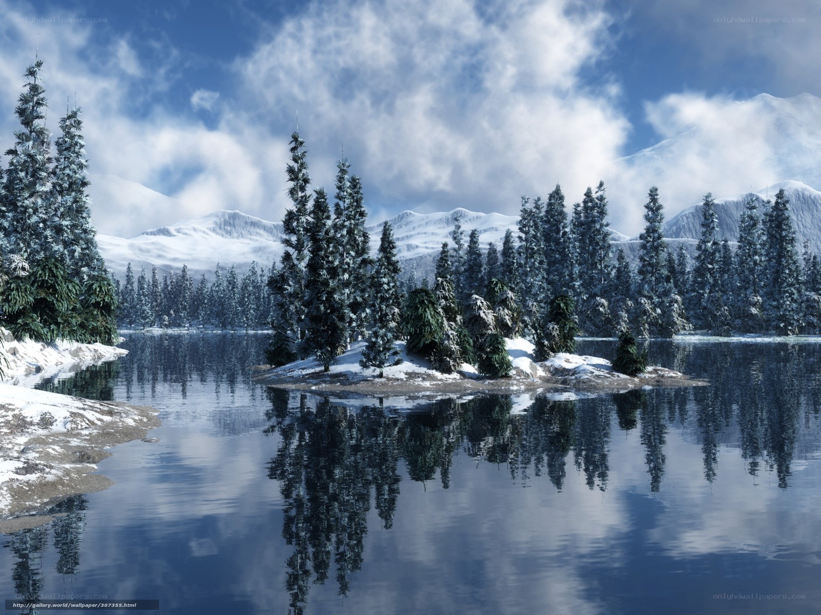 Snowy lake with mountain reflection