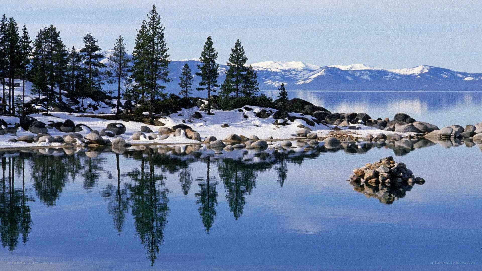 Snowy lake with mountain reflections