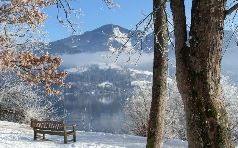 Snowy lake with mountain view