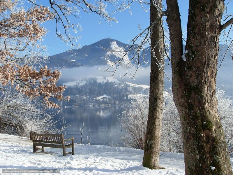 Snowy lake with mountain view