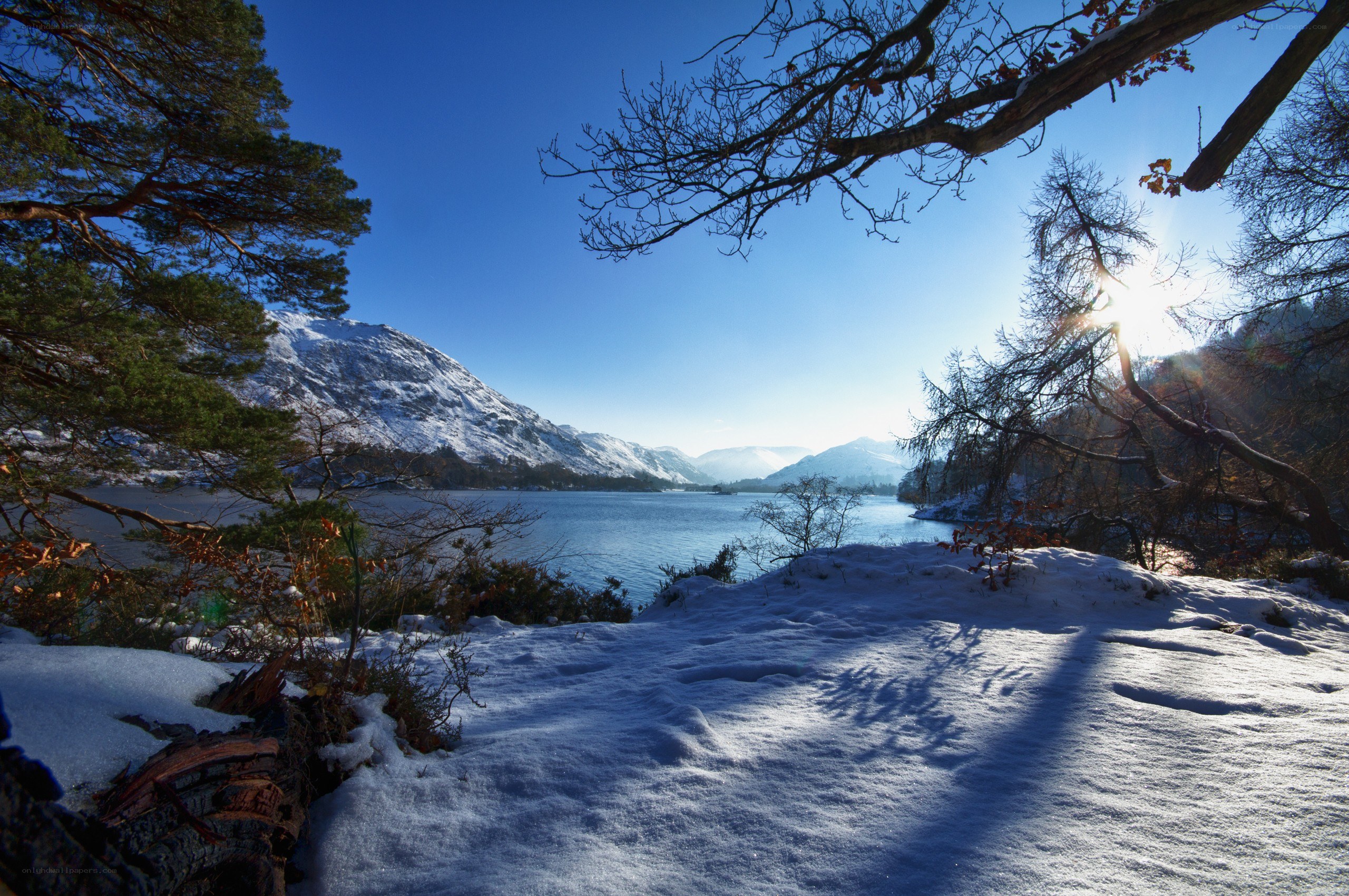 Snowy lake with mountains