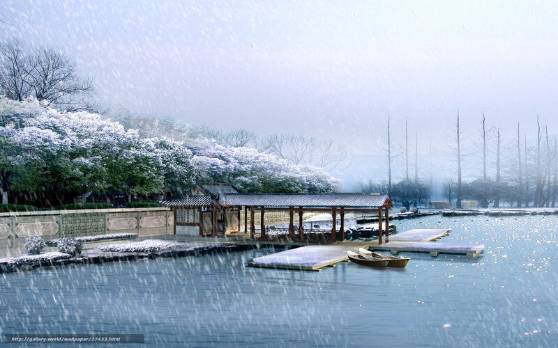 Snowy lake with pavilion