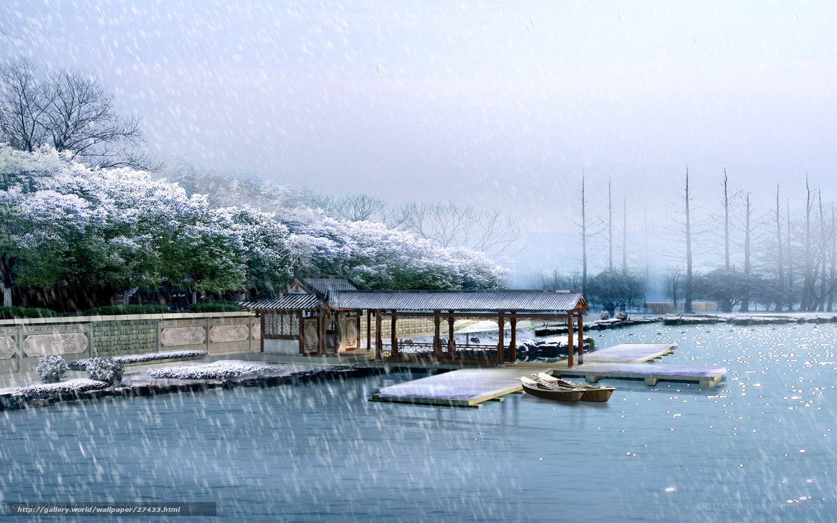 Snowy lake with pavilion