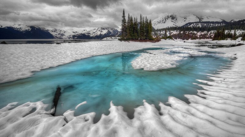 snowy lake with turquoise water