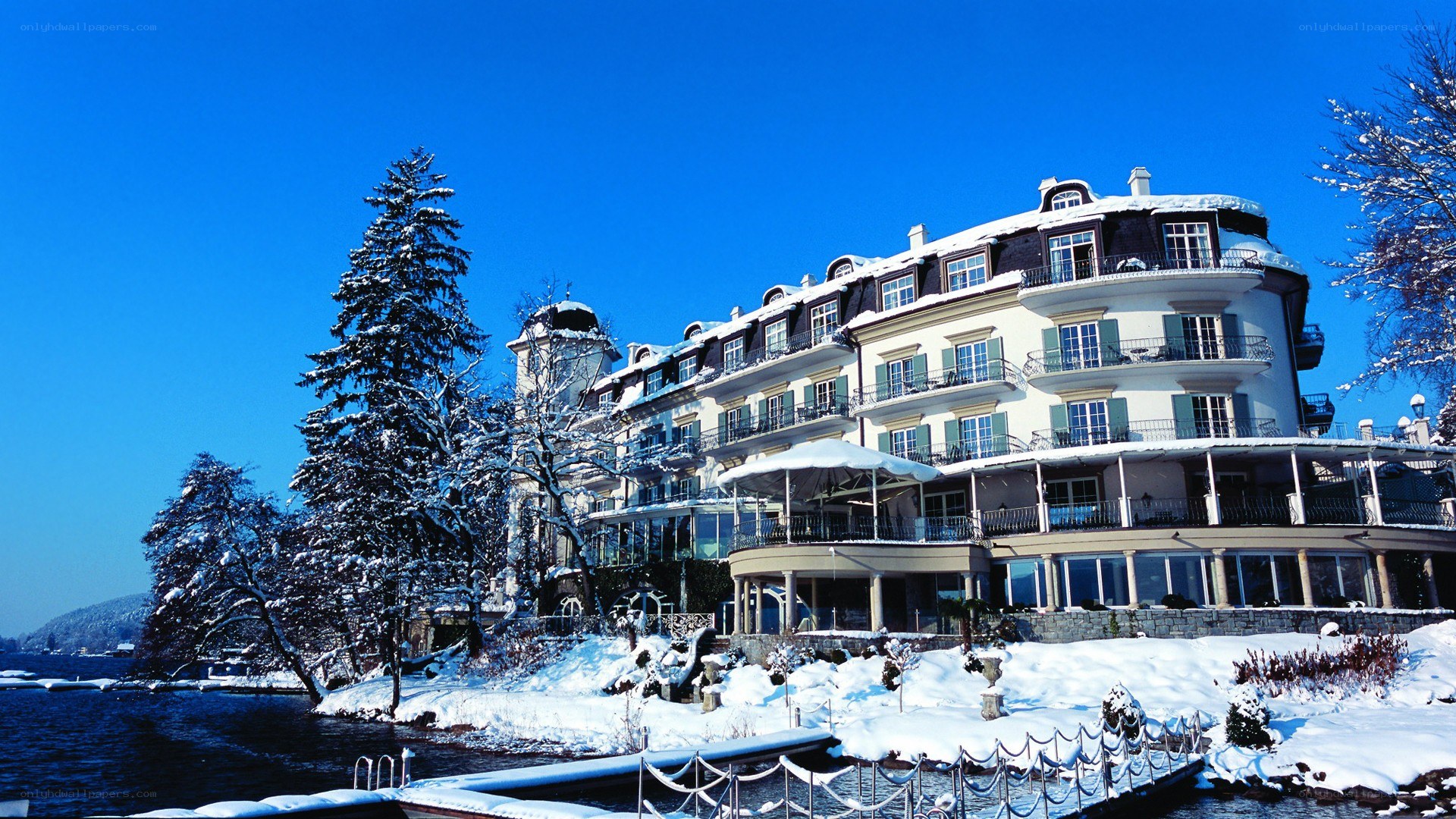 Snowy lakefront hotel