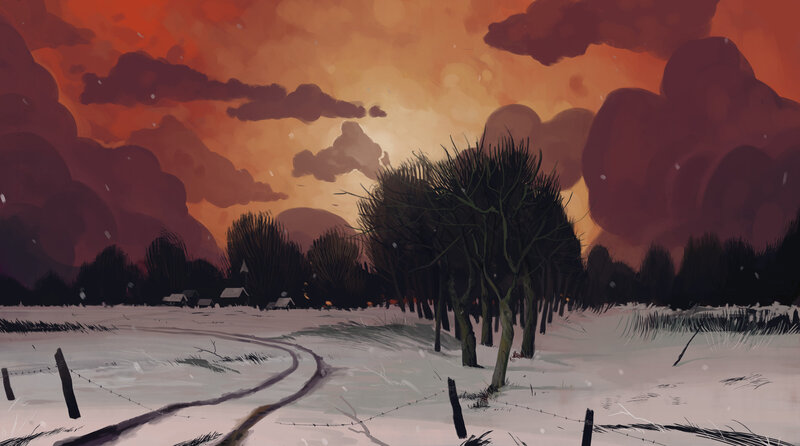 Snowy Landscape at Dusk — Orange