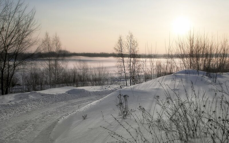 Snowy landscape at sunrise