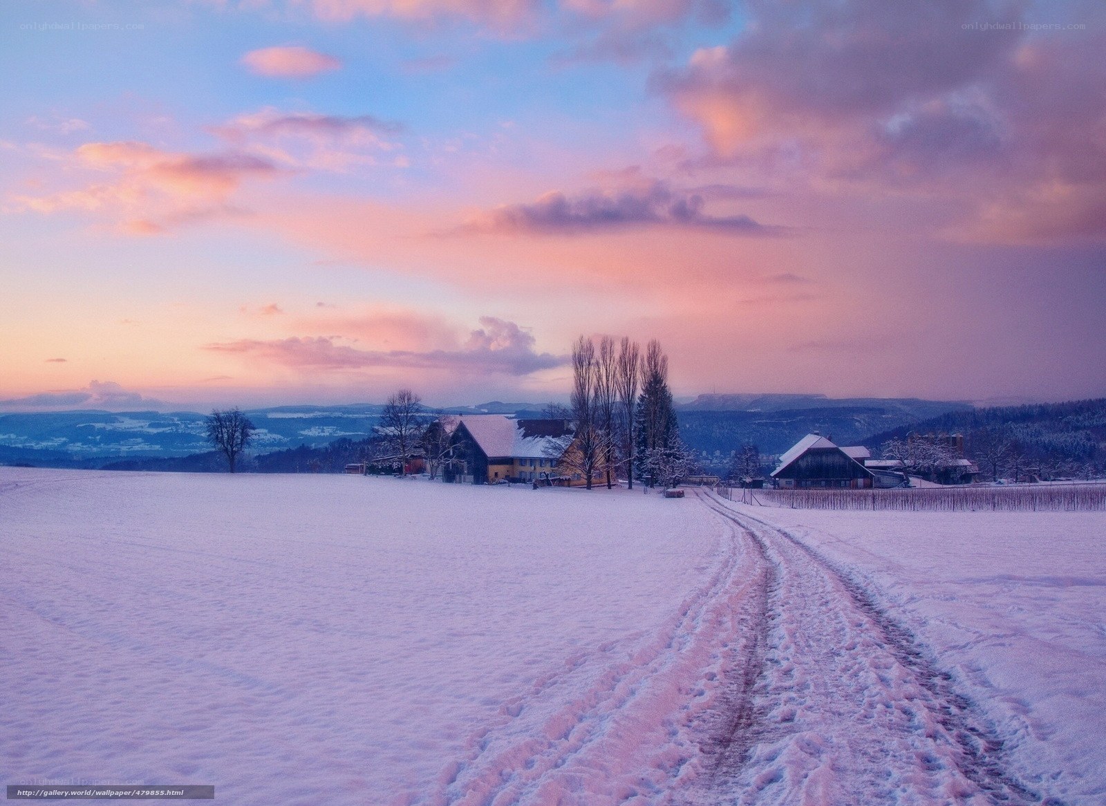 Snowy landscape at sunset