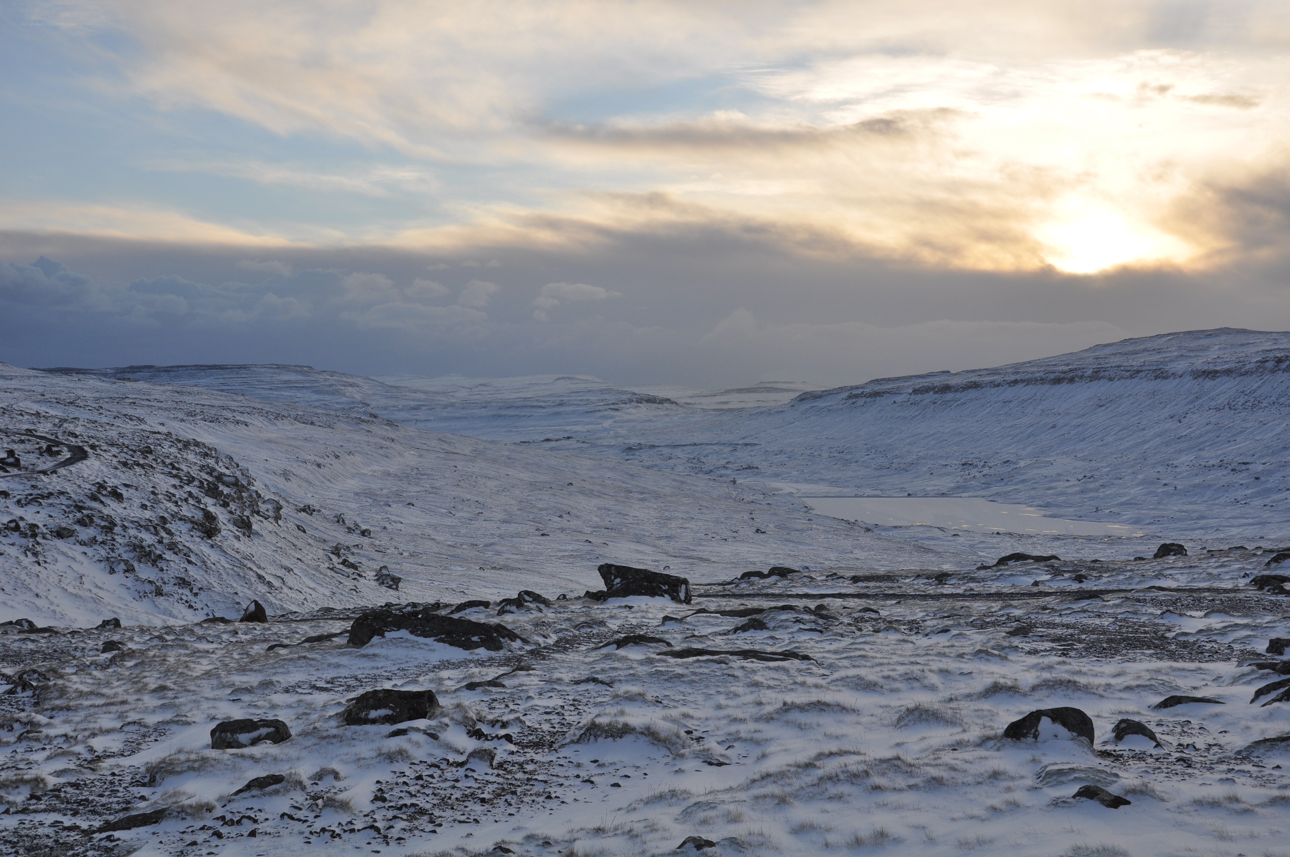 Snowy landscape at sunset