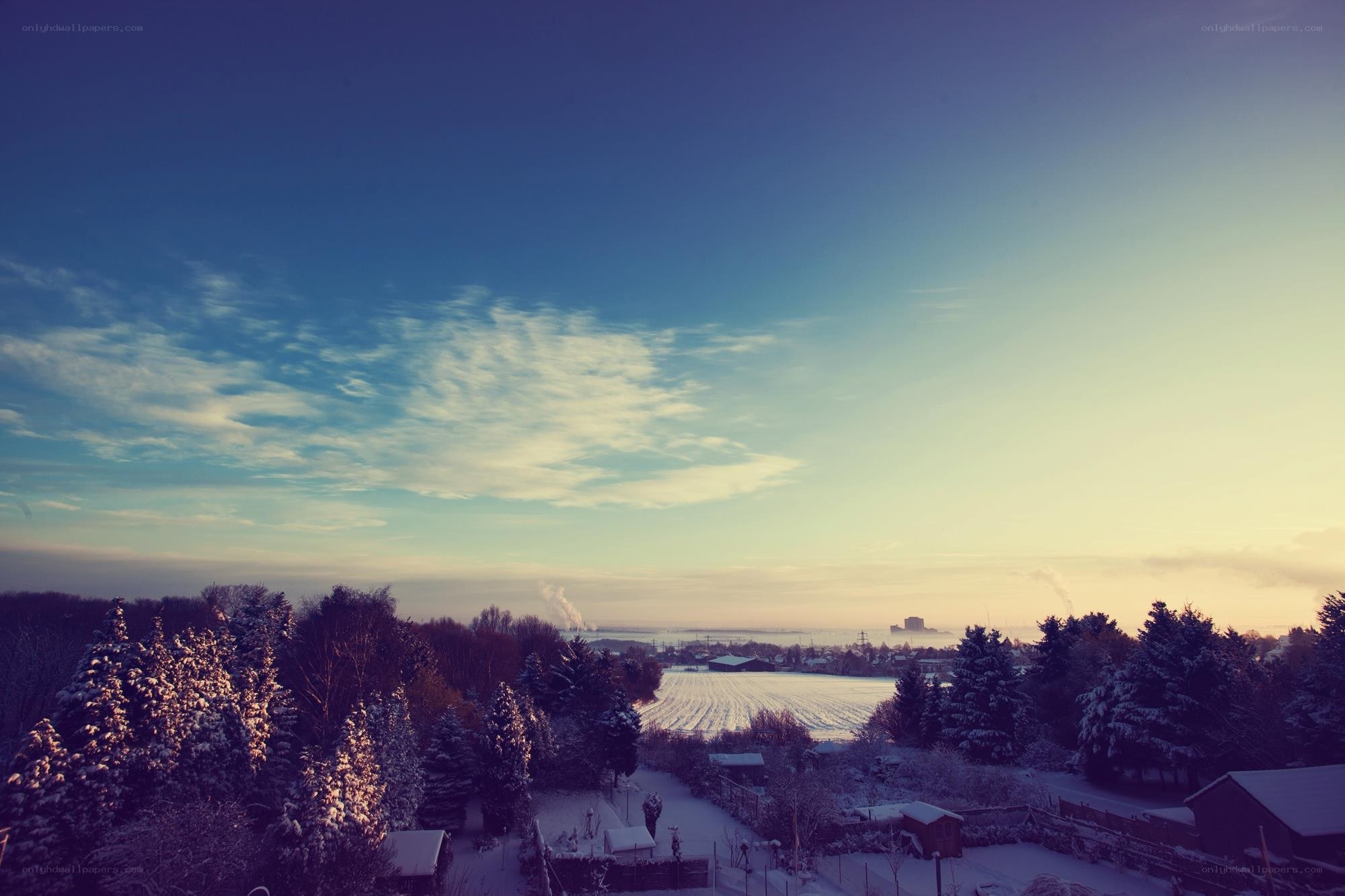 Snowy landscape at sunset
