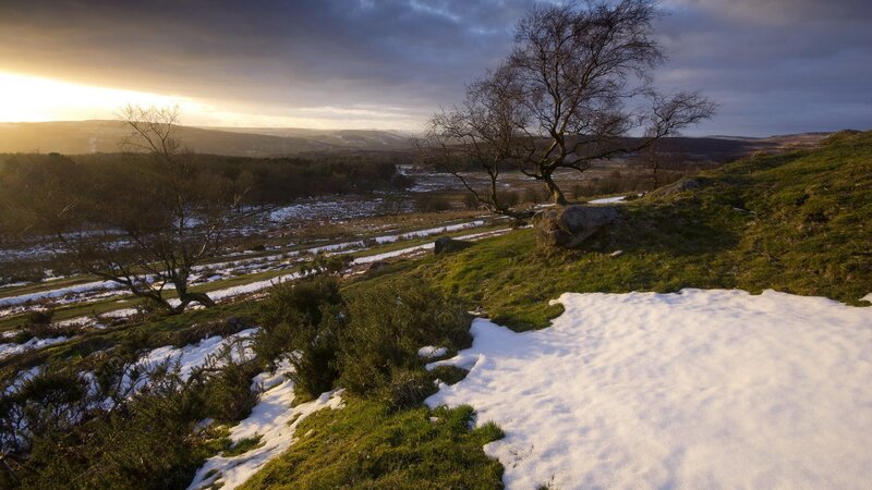 Snowy landscape at sunset
