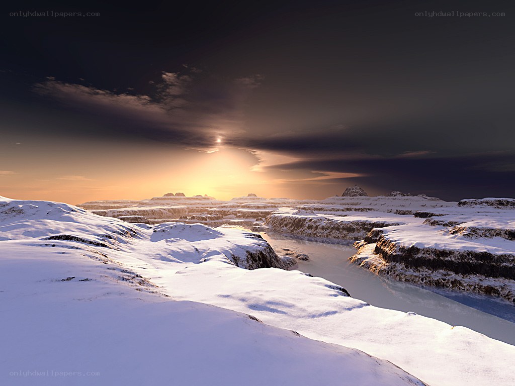 Snowy landscape at sunset