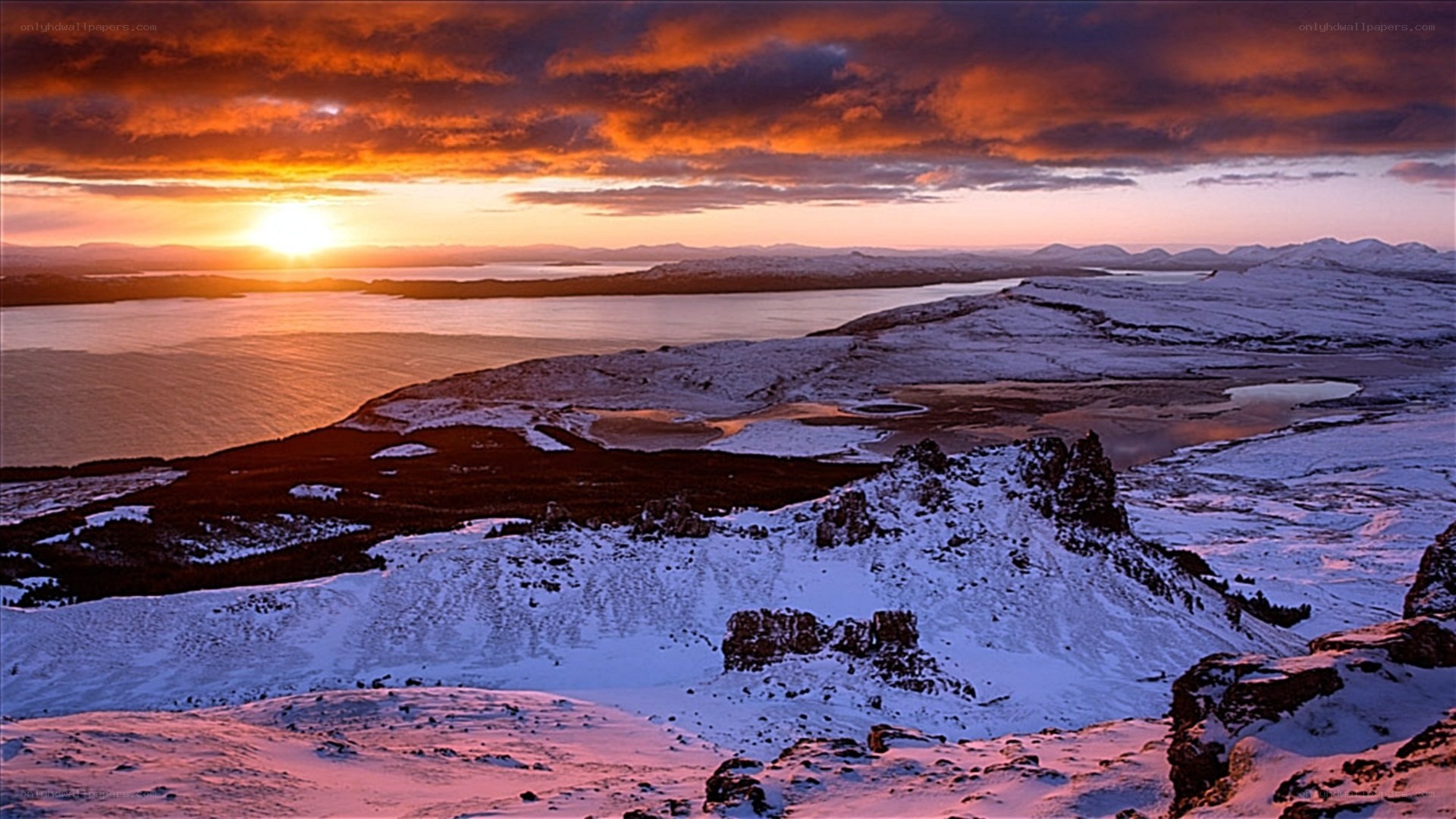 Snowy landscape at sunset