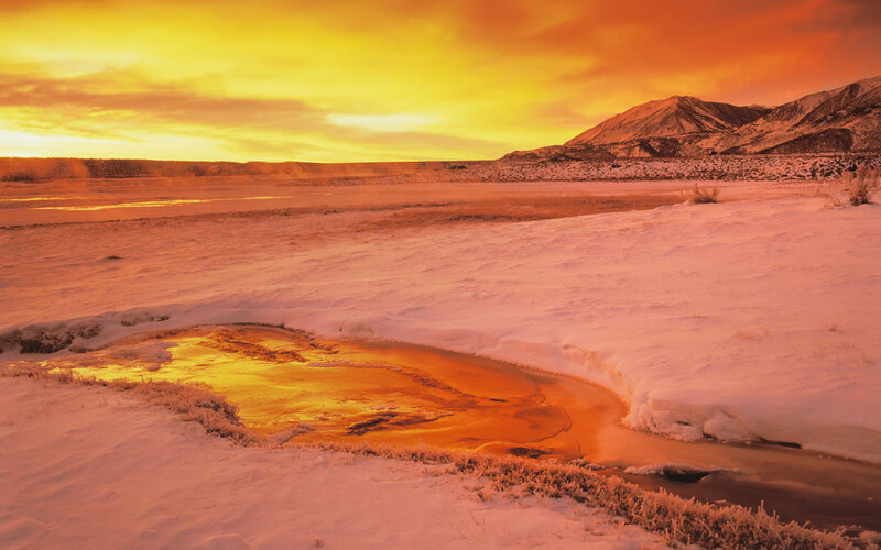 Snowy landscape at sunset