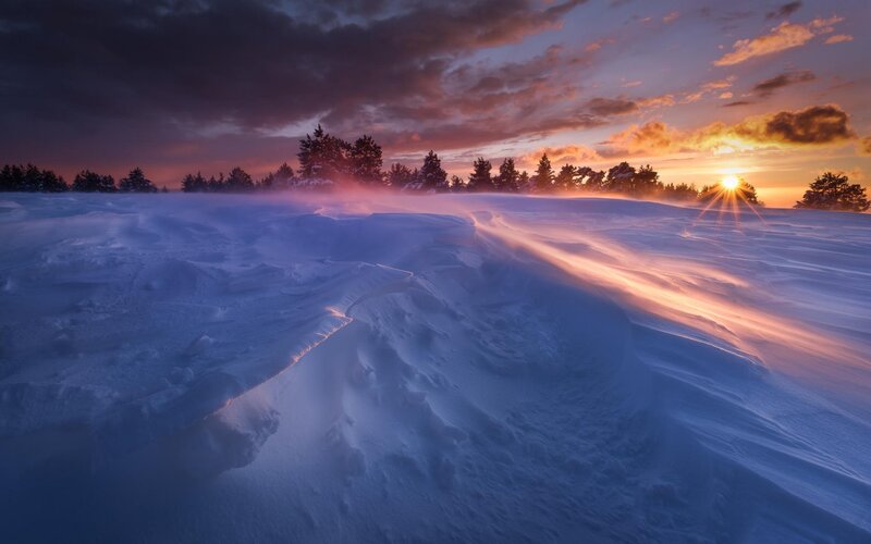 Snowy Landscape at Sunset — Blue
