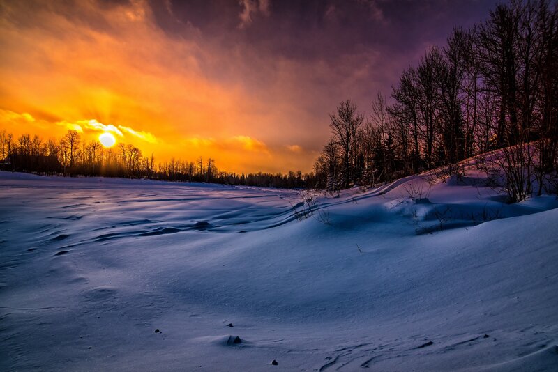 Snowy Landscape at Sunset — Orange, Dramatic, Photograph, Sun