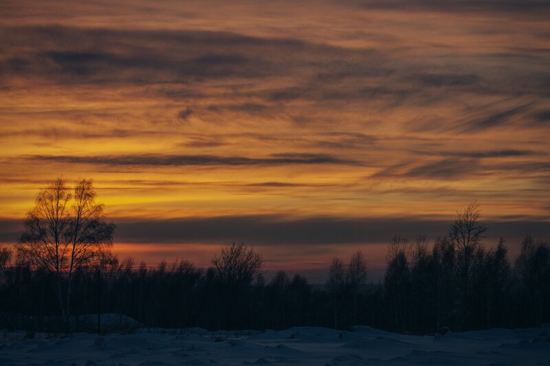 Snowy Landscape at Sunset — Orange, Dramatic, Photograph
