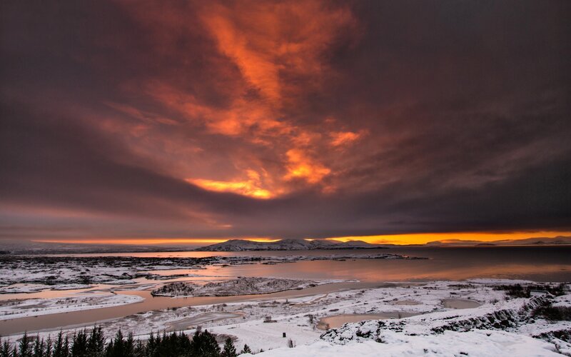 Snowy Landscape at Sunset — Orange, Dramatic, Winter