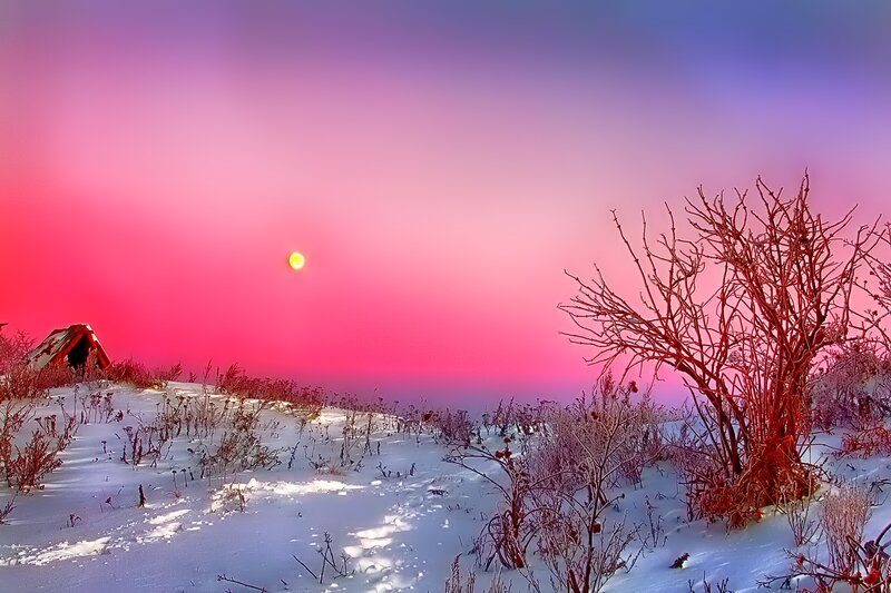 Snowy Landscape at Sunset — Pink