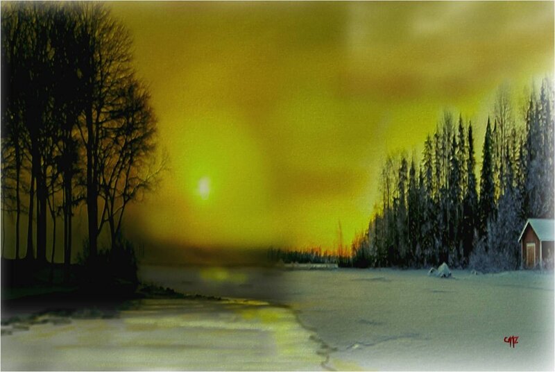 Snowy Landscape at Sunset — Yellow, Dramatic, Painting