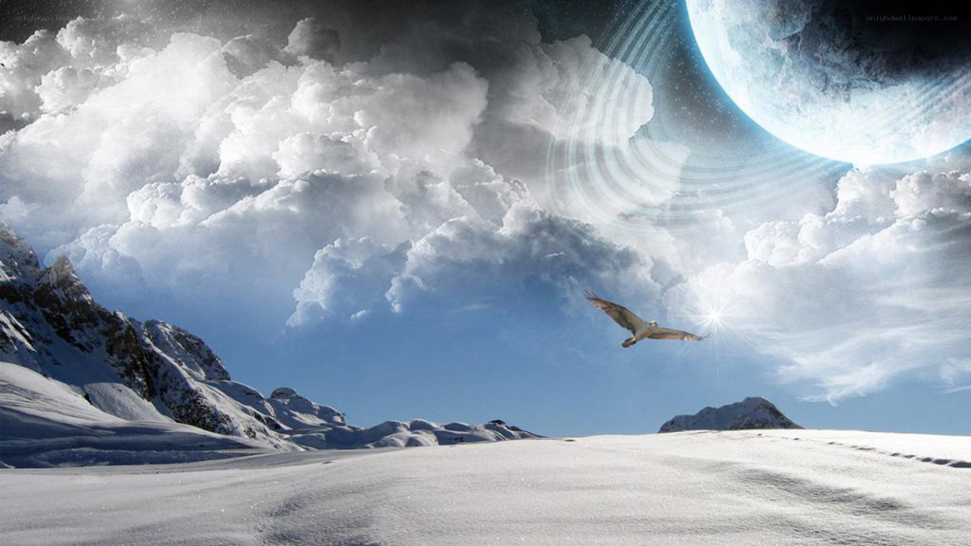 Snowy landscape with alien planet