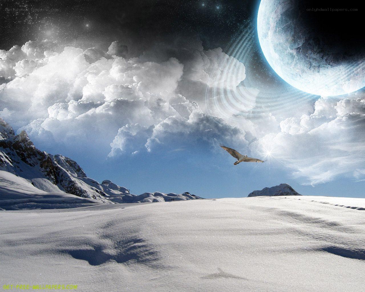 Snowy landscape with alien planet