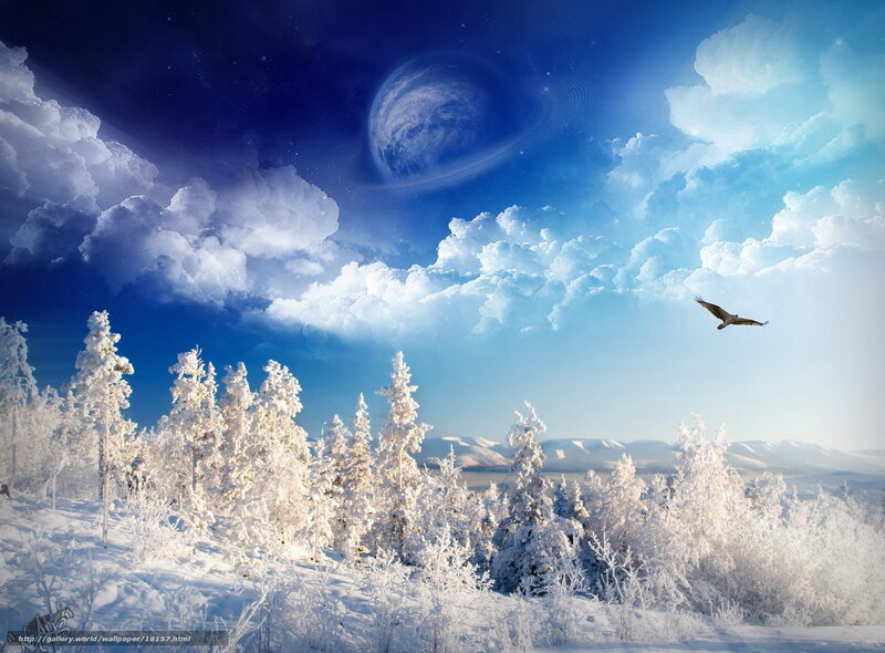 Snowy landscape with alien planet